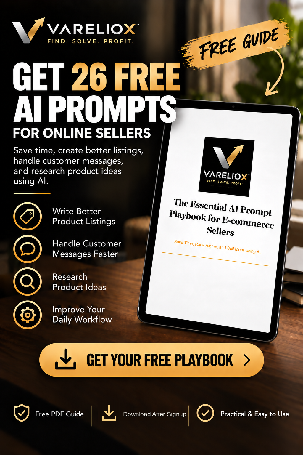 VARELIOX free guide: 26 AI prompts for online sellers about writing product listings, handling customer messages, researching product ideas and daily workflows.