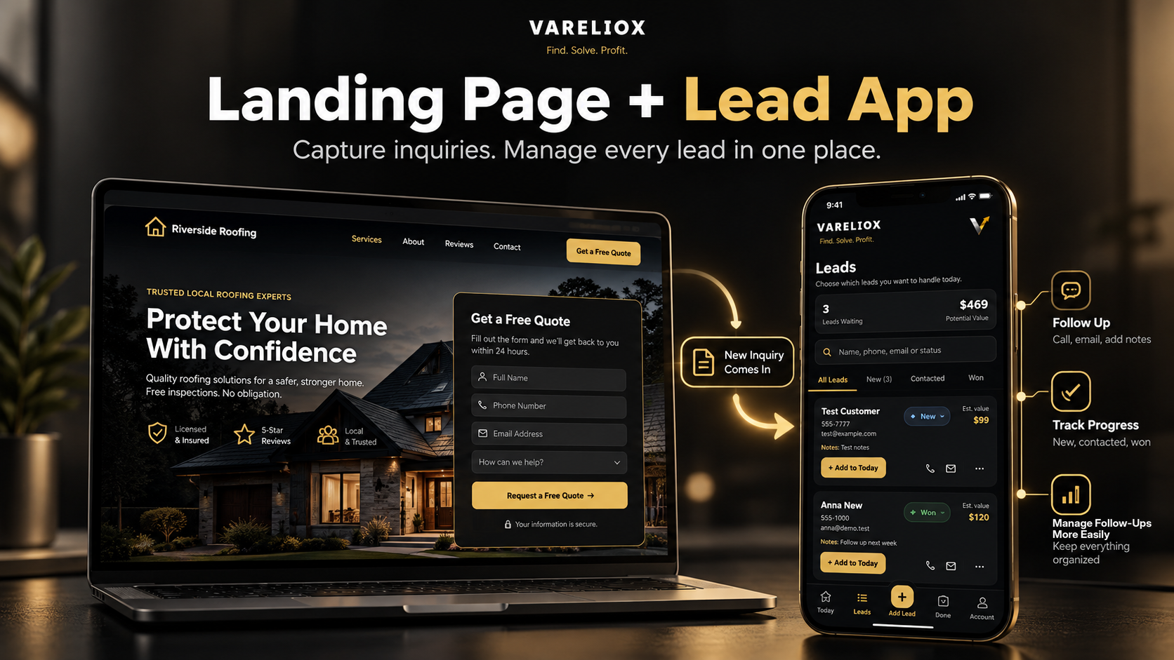Illustrative VARELIOX landing page and Lead App showcase with sample roofing business and follow-up workflow