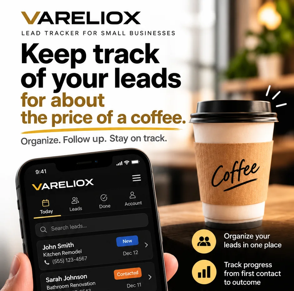 VARELIOX lead tracker concept artwork with a phone interface and coffee, highlighting lead organization