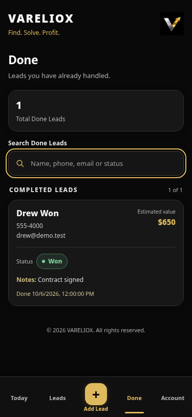 Example mobile lead app screen showing the completed leads list and search
