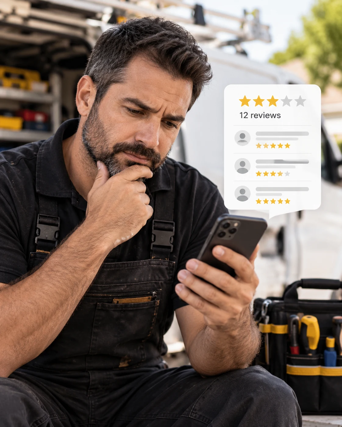 Small service business owner checking customer reviews on a smartphone